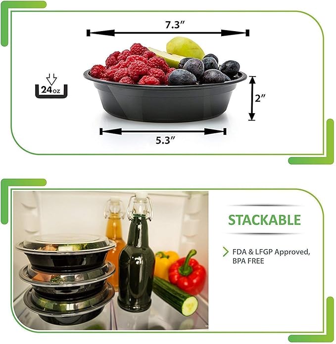 Prep Naturals Meal Prep Containers - Dishwasher-Safe Plastic Bowls with Lids - Freezer & Microwave-Safe Food Storage Containers with Lids - Portion-Control Meal Prep Bowls - 30 Pack, 24 Oz, Black