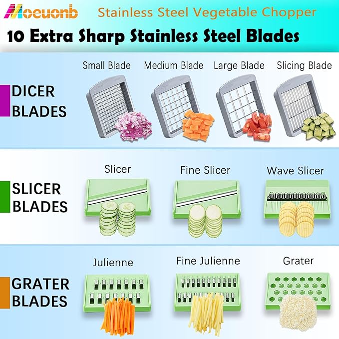 Stainless steel Vegetable Chopper, Veggie Chopper With 10 Blades, Onion Dicer with Container, Food Cutter & Grater Mandoline Slicer