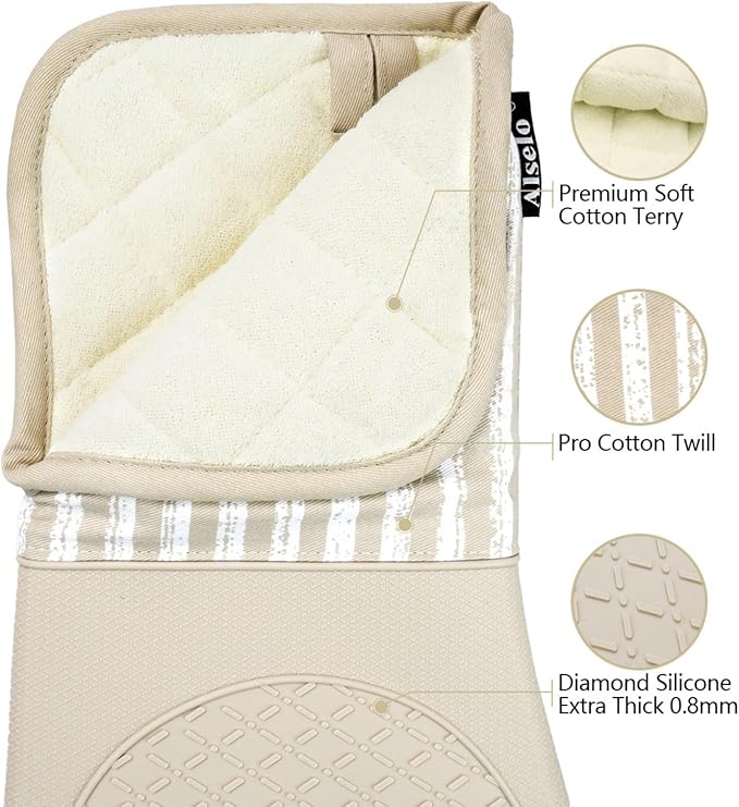 Silicone Oven Mitts Heat Resistant 932℉ with Waterproof & Non-Slip Kitchen Mittens, Set of 2 Extra Long Oven Gloves with Soft Cotton Terry Lining for Baking Cooking Barbecue (Khaki, 2)