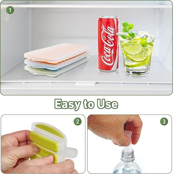 Water Bottle Silicone Ice Cube Tray by Lily's Home - 3-Piece Quick-Freeze Ice Trays with 10 Ice Cube Slots – Silicone Ice Cube Tray Set Makes 30 Ice Cubes, With Lids