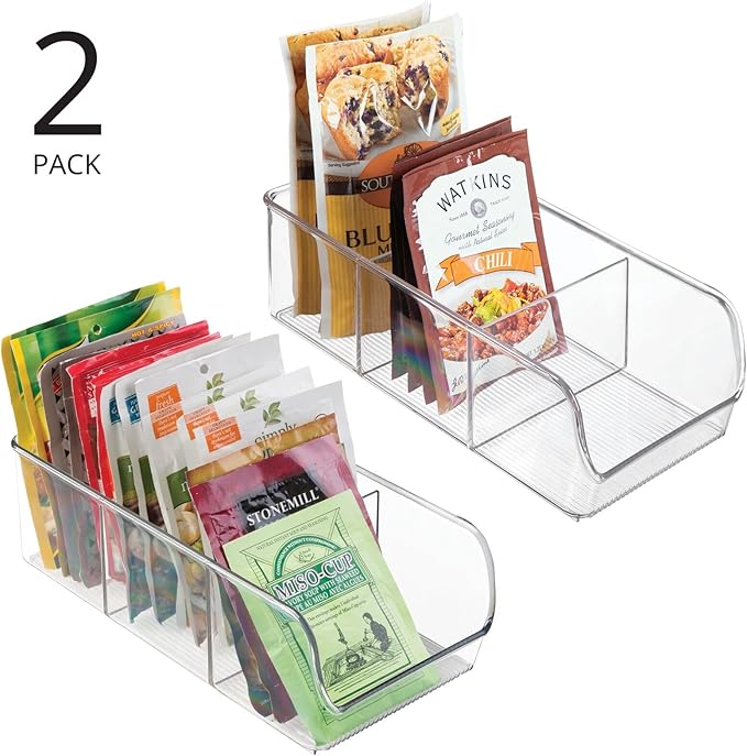 mDesign Plastic Food Storage Bin Organizer with 3 Compartments for Kitchen Cabinet, Pantry, Shelf, Drawer, Fridge, Freezer Organization - Holds Snack Bars - Ligne Collection - 2 Pack - Clear