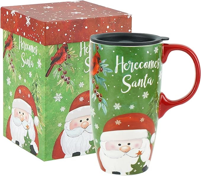 Topadorn Christmas Ceramic Mug Coffee Cup with Sealed Lid and Gift Box Latte Mug, 17oz. Here Comes Santa Claus