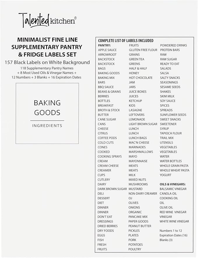 Talented Kitchen Minimalist Food Labels - 2.5" x 2.5" Matte White Vinyl, Pack of 157 - Pantry & Fridge Container Labels for Jars & Bins - Preprinted Food Storage Stickers, Water-Resistant