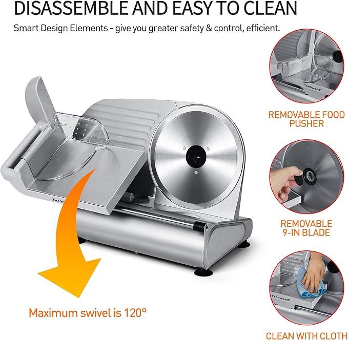 Meat Slicer, Techwood Electric Deil Food Slicer with Removable 9” Stainless Steel Blade, Deli Cheese Fruit Vegetable Bread Cutter with Adjustable Knob for Thickness, Food Carriage & Non-Slip Feet
