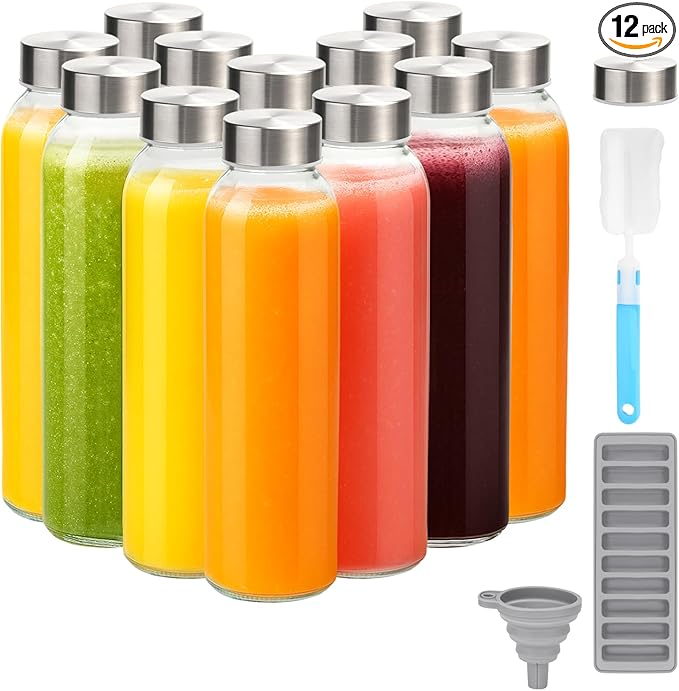 Zukro Glass Water Bottles with Lids 18 oz, 12 Pack Reusable Juice Bottles With Stainless Steel Airtight Cap for Juicing, Leak Proof Clear Drinking Jar Beverage storage container for Fridge, BPA Free