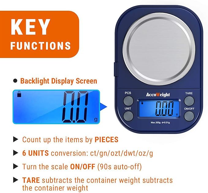 AccuWeight Digital Gram Scale with 300g/0.01g Small Pocket Coffee Scale with High Accuracy, Jewelry Scale with Tare and Calibration for Kitchen Food Scale