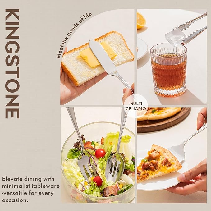 KINGSTONE 16 Piece Teardrop Serving Utensils Set, 18/10 Stainless Steel Serving Utensils, Slotted Spoons, Forks, Tongs, Cake Server, Butter Knife for Buffet, Catering, Wedding, Party