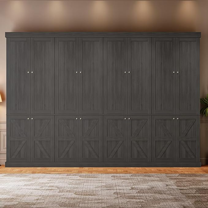 70.8" Tall Bookshelf with Doors, Farmhouse Modular Bookcase with 4-Tier Adjustable Shelves, Large Storage Cabinet for Home Office, Living Room, Black, Set of 2