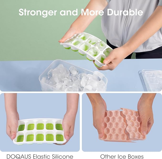 DOQAUS Ice Cube Tray with Lid and Bin, 4 Pack Silicone Plastic Ice Cubes Trays for Freezer with Box/Container, Stackable with Storage Iced Bucket Kits, Scoop, for RV, Soup, Food, Cocktail, Coffee