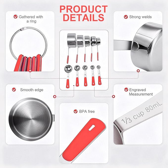 Measuring Cups and Spoons Set Stainless Steel 10 Piece for Cooking and Baking (5 Cups + 5 Spoons, Red Handle)