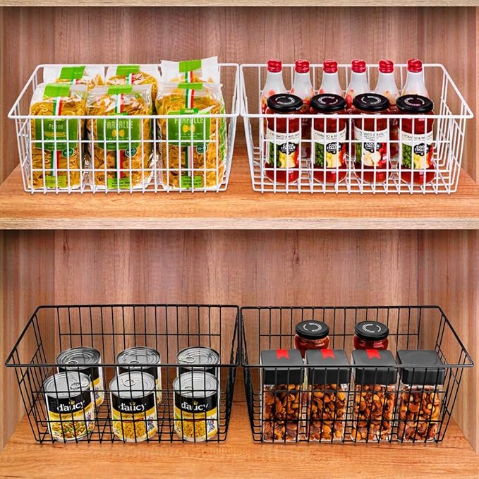 SANNO Freezer Basket Organizer, Refrigerator Metal Wire Storage Divider, Household Container Bins with Handles for Kitchen, Bathroom, Office, Camping, Black,Set of 4
