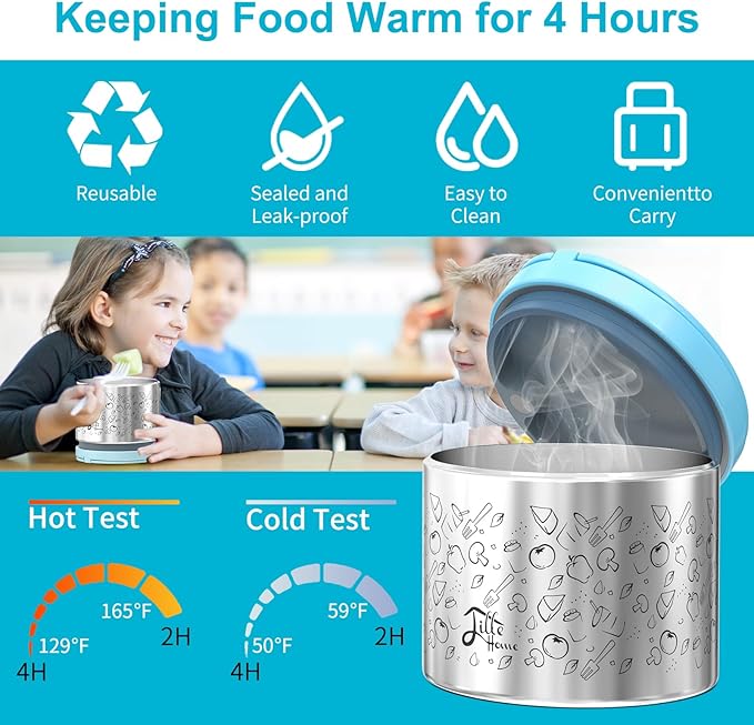 Lille Home Portable Insulated Lunch Box Set with Stainless Steel Cutlery, vacuum lunch box, to Keep Food Warm or Cool, Two Containers for Fruits and Sauces, Durable and Leak-Proof(Blue)