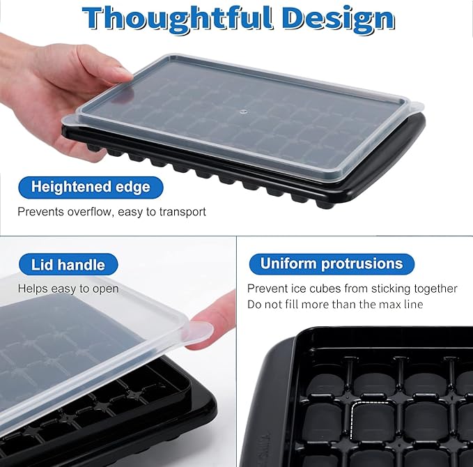 Ice Cube Trays with Lid and Bin for Freezer, Black Easy Release 55 Mini Nugget Ice Tray 2 pack and Bucket for Mini Freezer. Perfect Small Ice for Iced Coffee Cocktails and Ice Crushers, BPA Free.