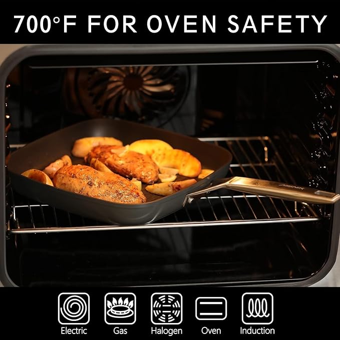 MsMk Square Grill Pan with Lid, 9.5 Inch Titanium and Ceramic Nonstick Grilling Skillet Pan，Stay-Cool Handle，Compatible with All Stovetops，PFOA Free，Dishwasher & Oven Safe，Indoor Chicken Skille