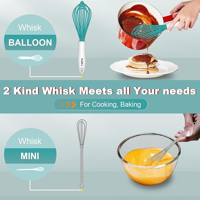 Walfos Whisk,Silicone Whis, Non Scratch Coated Wisking tool silicone set of 5,BPA Free and Heat Resistant 480°F.Premium for Whisking, Blending, Frothing, Beating.(Blue)