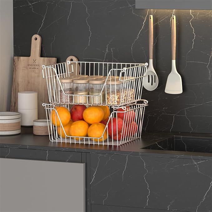 SANNO 14" Stackable Baskets Pantry Bins Storage Baskets Metal Wire Basket, Storage Organizer Basket Open Front for Kitchen Cabinets, Pantry, Closets, Bedrooms, Bathrooms 3 Pack