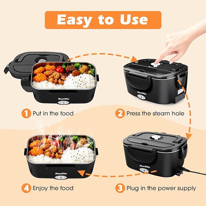 Electric Lunch Box for Adults, 80W Heated Lunch Box, 1.5L Stainless Steel Container | 12V/24V (Car/Truck) & 110V (Office/Home) | with Fork&Spoon and Insulated Carry Bag (Black-Dual Container)