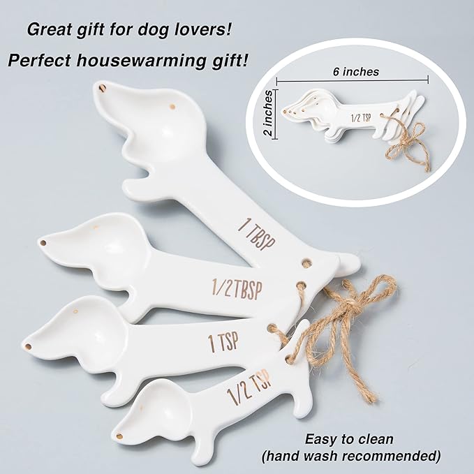 VOTUM White Dachshund Ceramic Measuring Spoon Set – Set of 4 Cute Weiner Dog Themed Kitchen Baking Tools – Gift for Dog Lovers