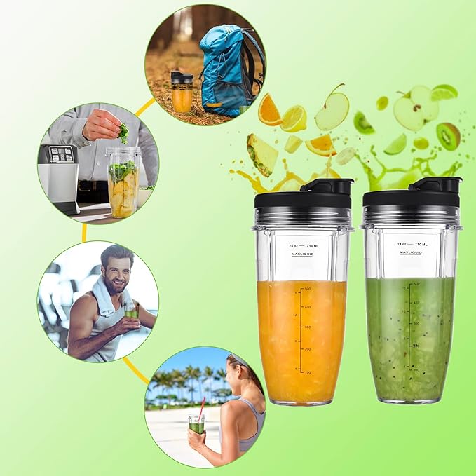 [Upgraded] Replacement 24oz Cups for Nutri Ninja Blenders, Cups with 7 Fins Replacement Extractor Blade Parts fit Ninja Auto iQ BL682-30 BL642-30 BL450-30 BL455-30 BL456-30 BL482-30 BL687CO-30 etc.