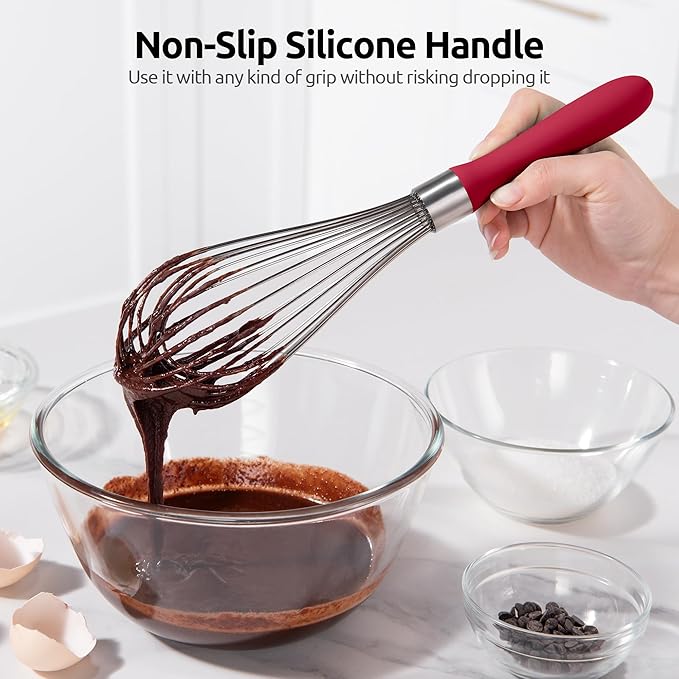 U-Taste Balloon Whisk for Cooking: 18/10 Stainless Steel Kitchen Wire Whisk, 12in Large Heavy Duty Egg Beater, Manual Mixing Tool with 12 High Flex Wires for Stirring, Blending Sauce (Red)
