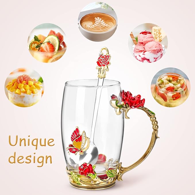 OEAGO Gifts for Women Mom Mothers Tea Cup Best Birthday Butterfly Rose Gifts for Her from Daughter Son Glass Coffee Christmas Enamels Mug Lead-Free with Spoon Set