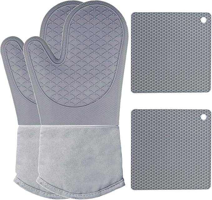 Oven Mitts and Potholders BBQ Gloves-Oven Mitts and Pot Holders with Recycled Infill Silicone Non-Slip Cooking Gloves for Cooking Baking Grilling (4-Piece Set) (Black Grey)