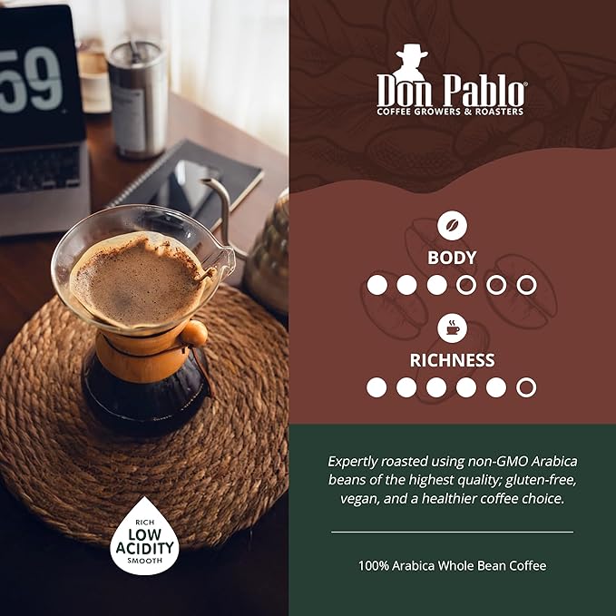 2LB Don Pablo Gourmet Coffee - Signature Blend - Medium Dark Roast - Whole Bean Coffee - 100% Arabica Beans - Low Acidity and Non-GMO - 2lb bag
