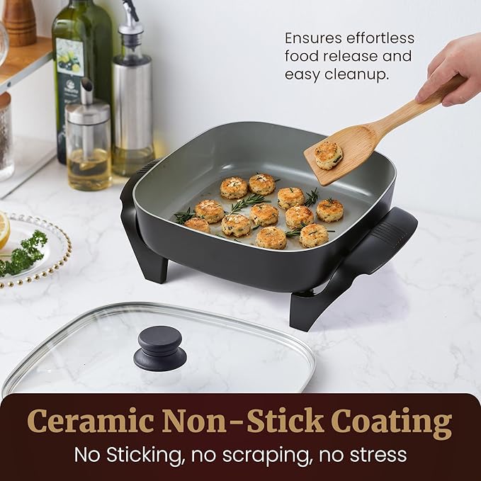 Elite Gourmet 12" x 12" x 3” Ceralast™ Ceramic Non-stick PFAS Free, Dishwasher Safe Electric Skillet, Xtra Deep Dish, Rapid Heat 1200W, Black
