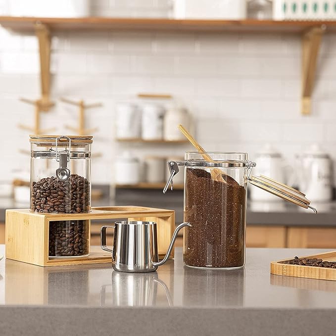 Yangbaga Ground Coffee Storage Container with Shelf, 2×45OZ Glass Coffee and Sugar Container Set, Coffee Canisters with Airtight Lids and Scoop, Food Storage Jars for Kitchen,Nuts,Tea,Sugar