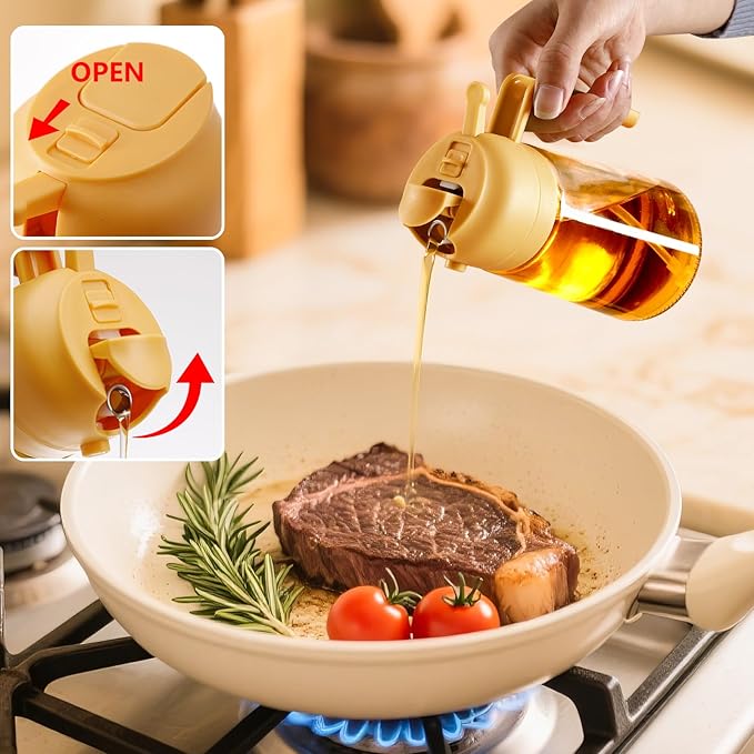 Oil Sprayer for Cooking, 16oz/470ml 2 In 1 Glass Olive Oil Sprayr & pourer for Kitchen, Air Fryer, Cooking, Salad, BBQ (Yellow)