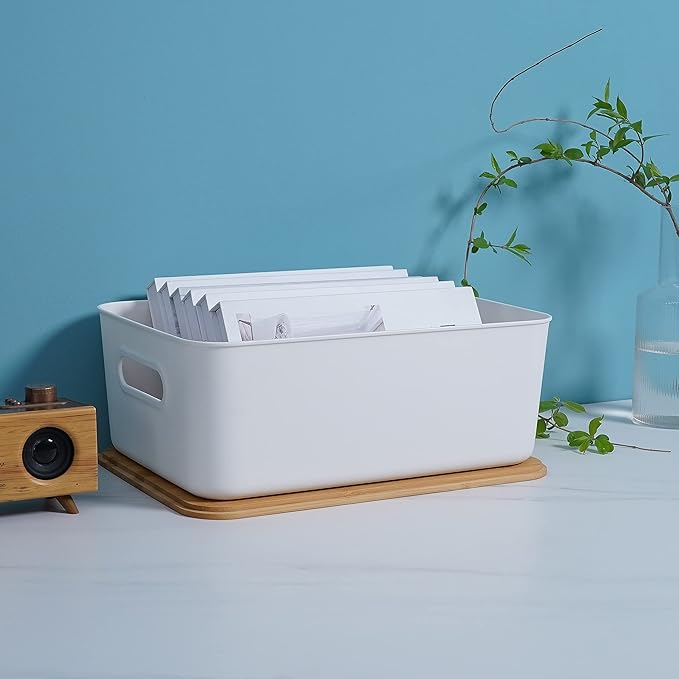 Citylife 4 PCS Storage Bins with Lids Plastic Storage Containers for Organizing Stackable Storage Box with Handle, 15.16 x 10.79 x 5.83 inch (White, 4 PCS-Large)
