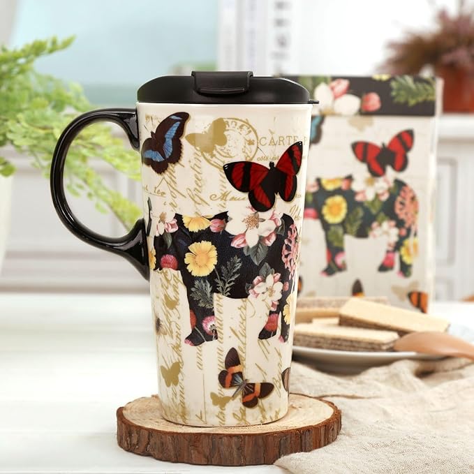 Topadorn 17oz Ceramic Travel Coffee Mug with Sealed Lid Tea Cup with Color Box, Microwave & Dishwasher Safe Unique Mug, Holiday Gift Her Him, Flower & Butterfly