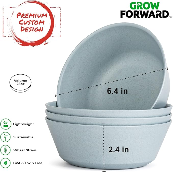 Grow Forward Premium Wheat Straw Plates and Bowls Sets - 8-Piece Wheat Straw Dinnerware Sets - Unbreakable & Reusable Microwave Safe Plastic Dinner Plates for Outdoors, RV, Camping Dishes - Glacier
