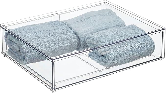 mDesign Wide Plastic Stackable Bathroom Storage Organizer Bin with Pull Out Drawer for Cabinet, Vanity, Shelf, Cupboard, Cabinet, Countertop, or Closet Organization - Lumiere Collection - Clear