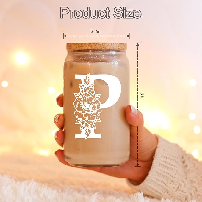 Coolife Initial Glass Cup, Monogrammed Gifts for Women, 16 oz Glass Cups w/Lids Straws, Iced Coffee Smoothie Beer Tumbler w/Straw Lid - Personalized Christmas, Birthday Gifts for Her Mom Friend Woman