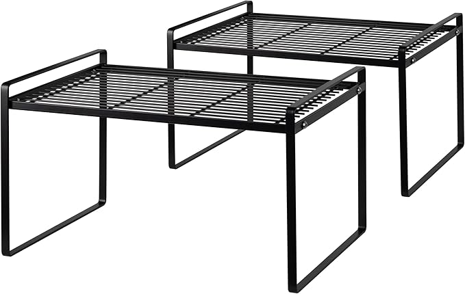 2Pack Kitchen Cabinet Shelf Counter Organizer Rack Pantry Storage Bathroom Bedroom Office Table Desk Space Saving Stackable Rust Resistant Non Slip Black Tall Wide L16.1in W10.6in H9.5in