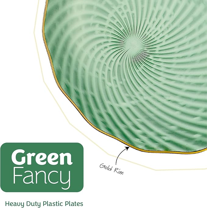 PLASTICPRO 30 Pack Plastic Plates Set of 15-10 inch Plates and 15-7 inch Plates, Elegant Clear Green Spiral and Gold Rim Disposable Fancy Plates Premium Heavyweight