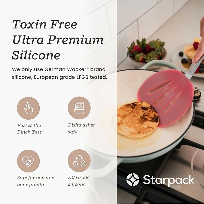 Starpack 'Flex & Flip' Flexible Silicone Turner Spatula (Wide) - High Heat Resistant Spatulas for Cooking Egg 600°F - Silicone Pancake Turner Spatula, LFGB Grade Non Stick Rubber Kitchen Utensils