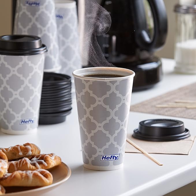 Hefty Paper Disposable Hot Cups with Lids, Leak-Resistant Disposable Coffee Cups, Double Insulated To Help Prevent Burning, Tight-Fitting Lid Helps Prevent Sloshing and Spills, 16 Ounce, 20 Count