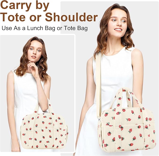 Corduroy Lunch Box Lunch Bag for Women Adults Men, Cute Strawberry Insulated Work Reusable Leakproof Simple Large Lunch Boxes Tote Bag Adults Cooler Bag, with Shoulder Strap