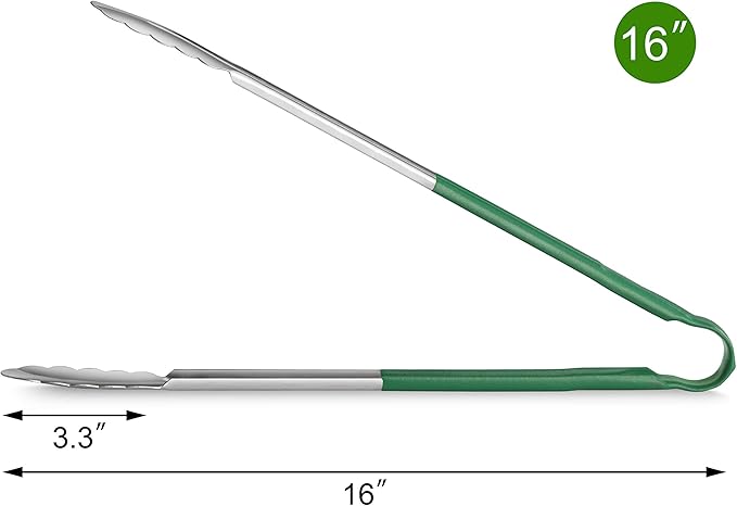 New Star Foodservice 35810 16-Inch Utility Spring Tongs, Stainless Steel, Vinyl Coated, Set of 12, Green