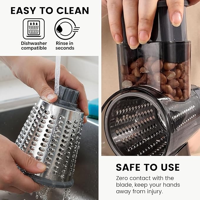 HANSGO Rotary Cheese Grater Hand Crank, Shredder Slicer Grinder, 3 Large Diameter Metal Blades & Cleaning Brush, Non-slip Suction Base, Labor-Saving Handle, Kitchen Gadgets for Cheese, Vegetable, Nuts