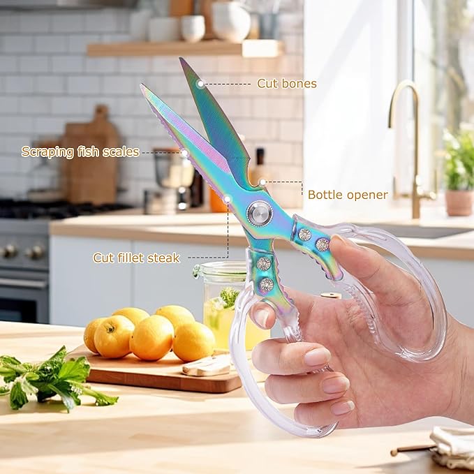 AWinjoy Heavy Duty Kitchen Scissors, Stainless Steel & Aluminum, Serrated Edge, Ambidextrous, Contemporary Style, Blade Color, Kitchen Shears