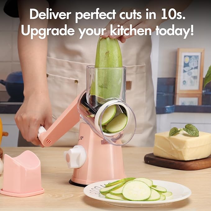 Rotary Cheese Grater with Handle, Round Mandoline Speed Kitchen Slicer, 3 in 1 Multifunctional Vegetable Shredder Manual Nut Grinder for Nuts, Potato, Carrot, Cucumber (Pink)
