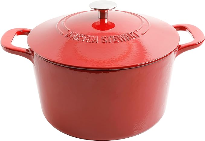MARTHA STEWART Gatwick 7-Quart Enamel Cast Iron Dutch Oven – Red Ombre – Heavy-Duty Dutch Oven for Slow Cooking, Braising & Baking