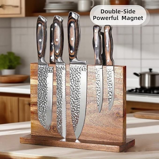 Magnetic Knife Block Stand, Kitchen Counter Organizer, Double-Sided Kitchen Knife Holder, Acacia Wood, Universal Storage Organizer, 11.7 x 8.6 x 4 inches