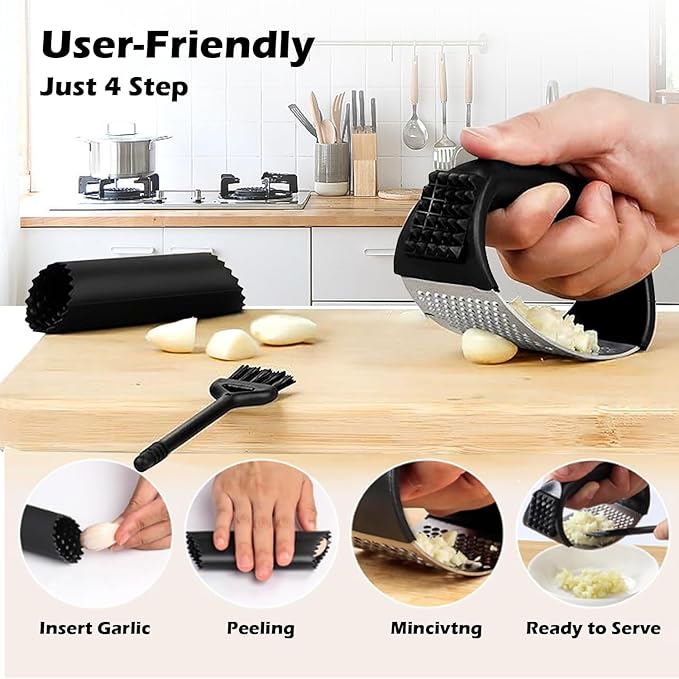 Garlic Press Rocker Set，Stainless Steel Garlic Mincer Tool with Garlic Peeler and Cleaning Brush Kitchen Gadgets Essentials Garlic Chopper