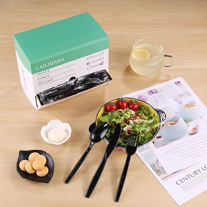 Plastic Spoons Disposable Individually Packaged Spoons Black 7-Inch Commercial Take Away,Super Hard Mass Heavy Individually Wrapped 100 PCS (Pack of 2)