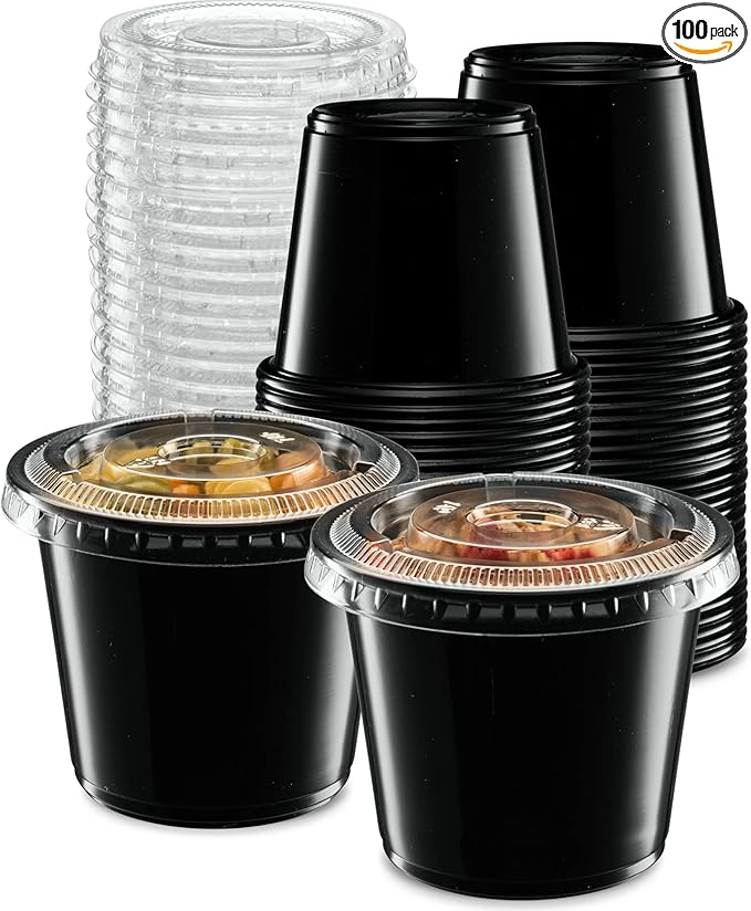 (5 oz - 100 Sets) Black Diposable Plastic Portion Cups With Lids, Small Mini Containers For Portion Controll, Jello Shots, Meal Prep, Sauce Cups, Slime, Condiments, Medicine, Disposable Souffle Cups