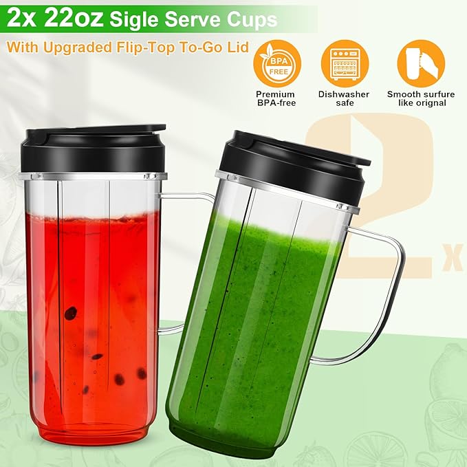 2 Pack Magic Bullet Blender Cups Tall 22oz Cup with Flip Top To-Go Lid Replacement Part Cup Mug with Handle Compatible with 250w MB1001 Magic Bullet Mugs & Cups Blender Milk Juicer Mixer Accessories